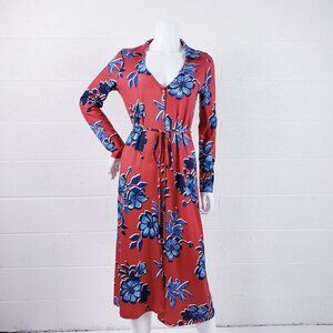 Zara Womens Printed Midi Shirt Dress Red Blue Floral Long‎ Sleeve Women's Small